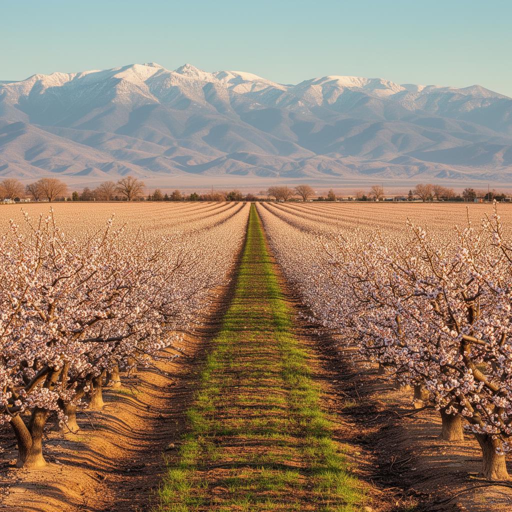 California Central Valley almond orchards with Sierra Nevada foothills.