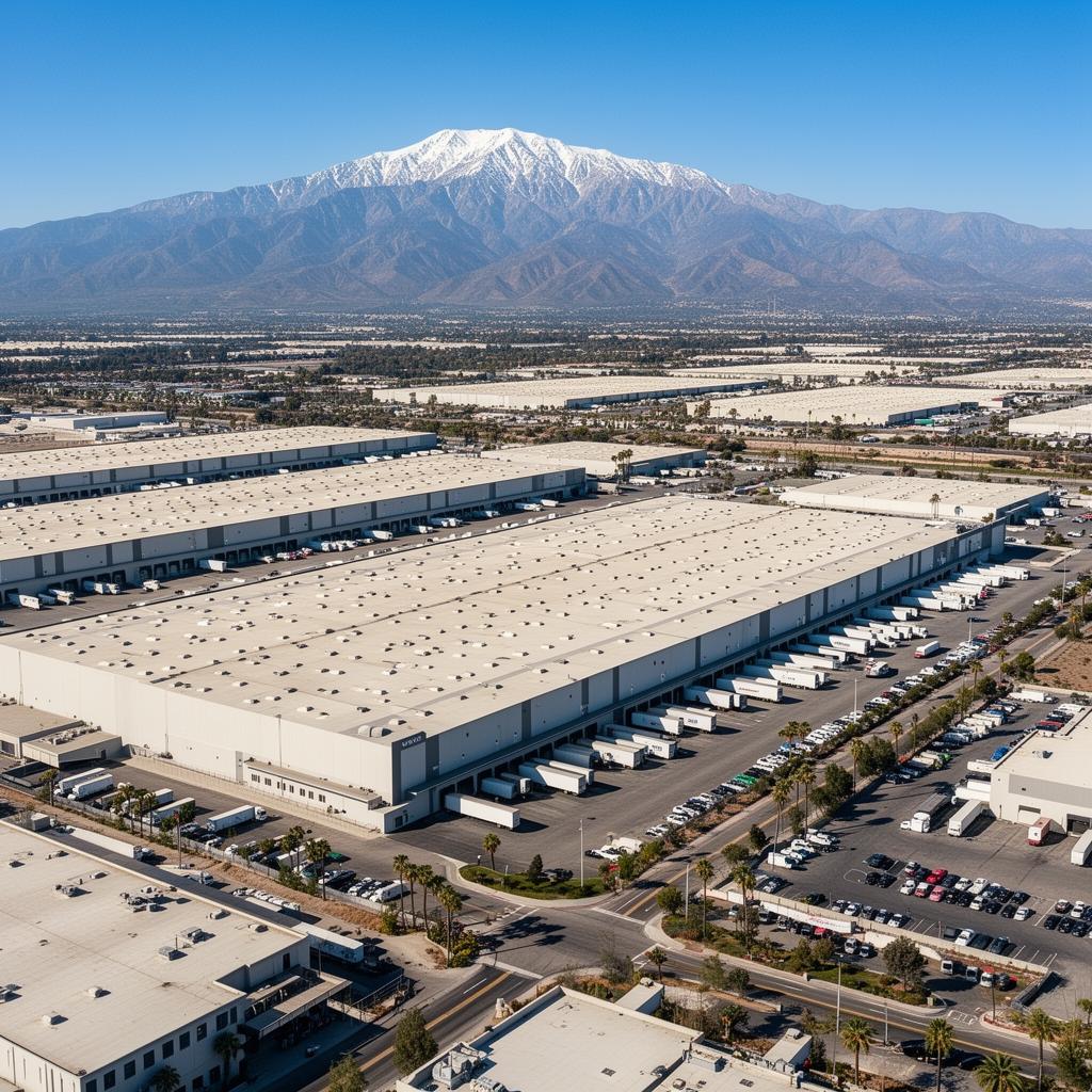 Aerial view of Inland Empire distribution warehouses with Mt. San Gorgonio.