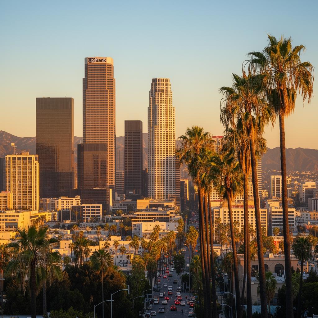 Downtown Los Angeles skyline with palm trees at golden hour.