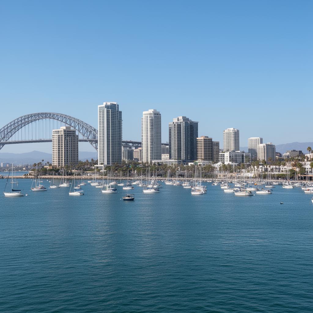 San Diego harbor and downtown skyline with the Coronado Bridge.