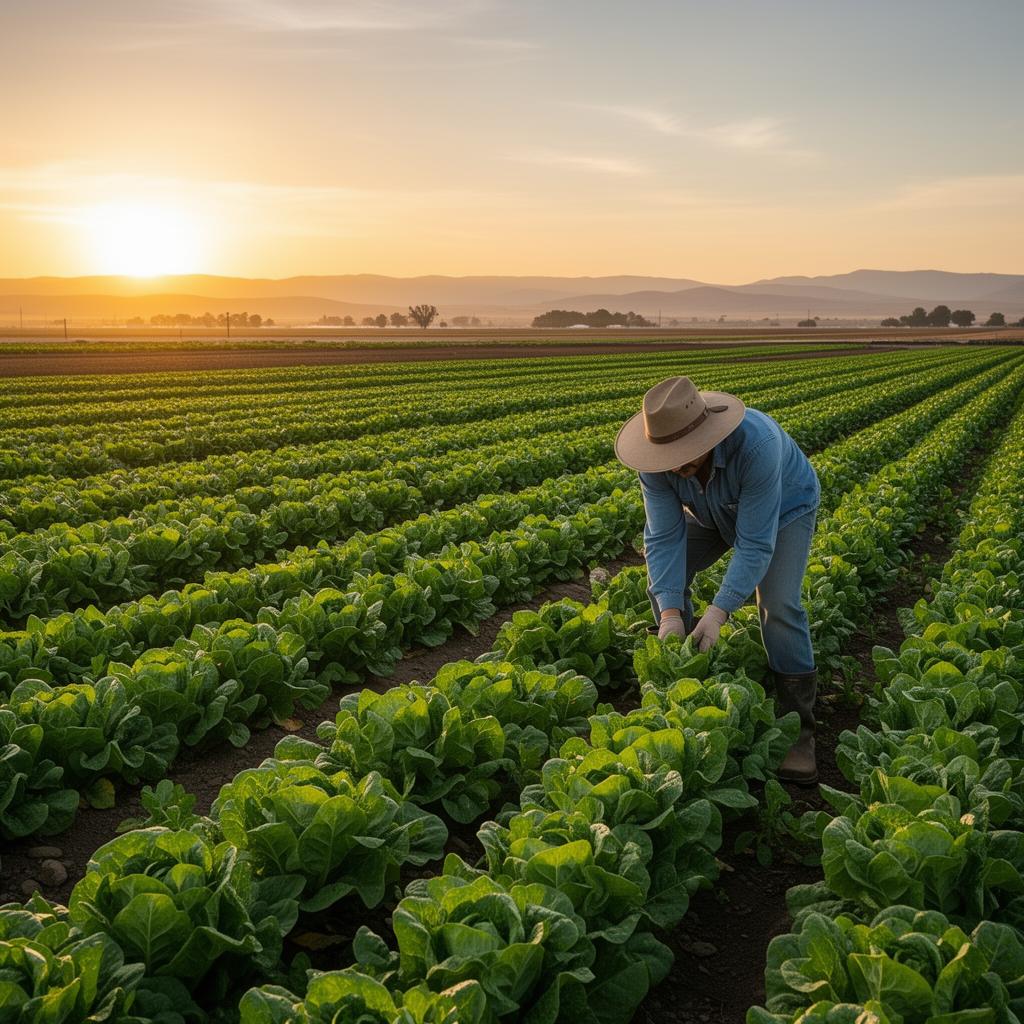 Central Valley farm worker tending crops at golden hour.