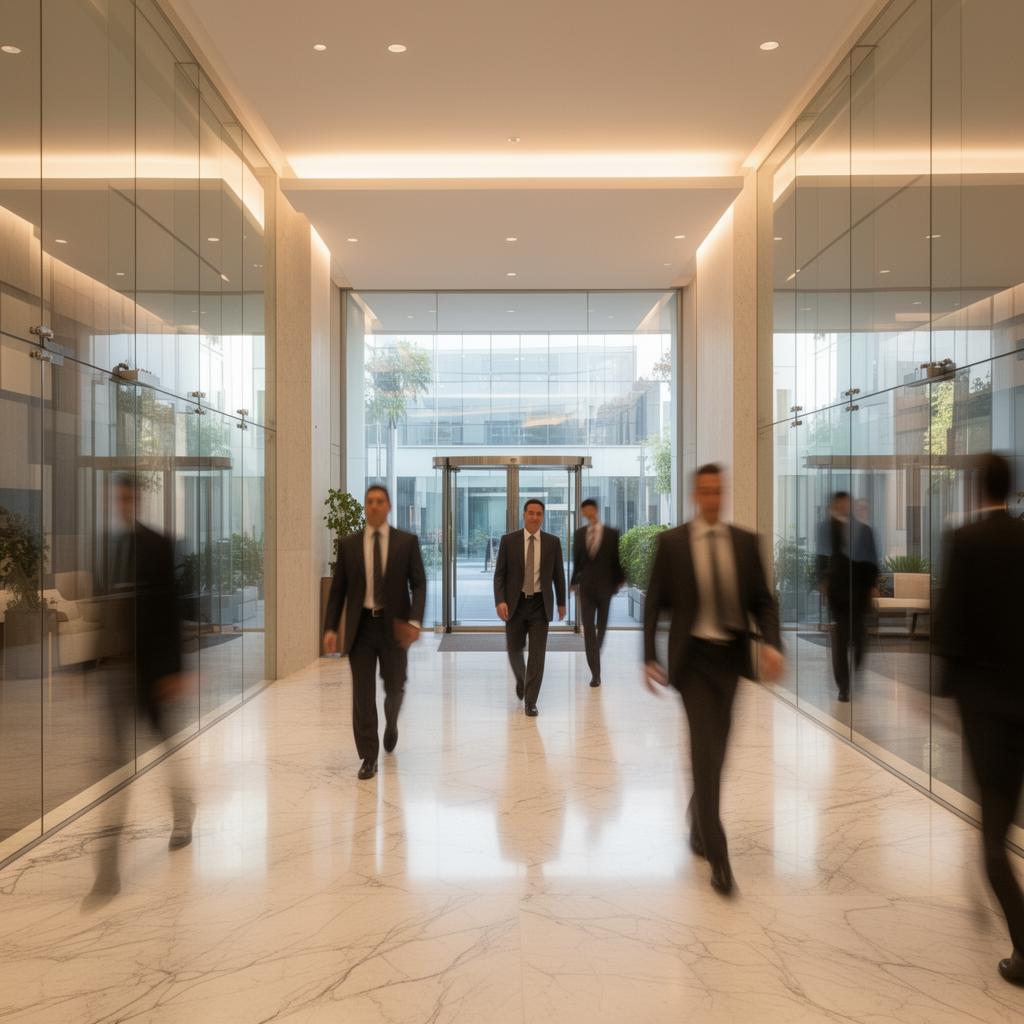 Modern California corporate lobby with executives in motion.