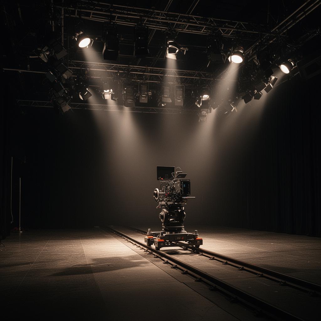 Hollywood film sound stage with lighting rigs and camera dolly.