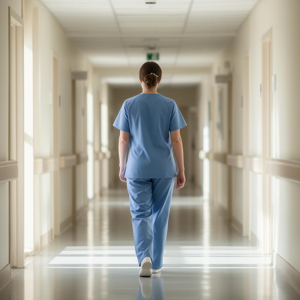Hospital corridor with a nurse walking away in soft light.