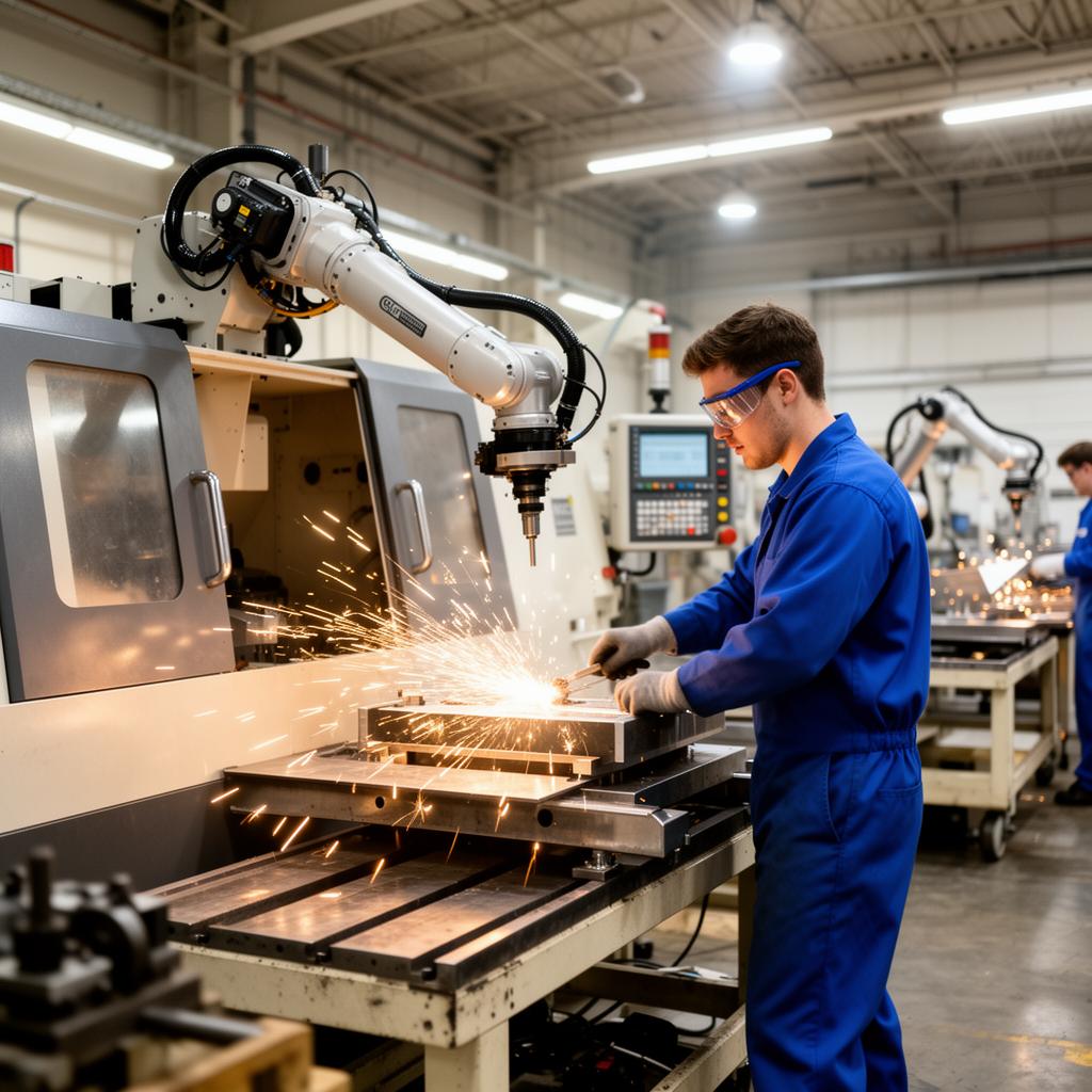 California manufacturing floor with CNC machinery and worker.