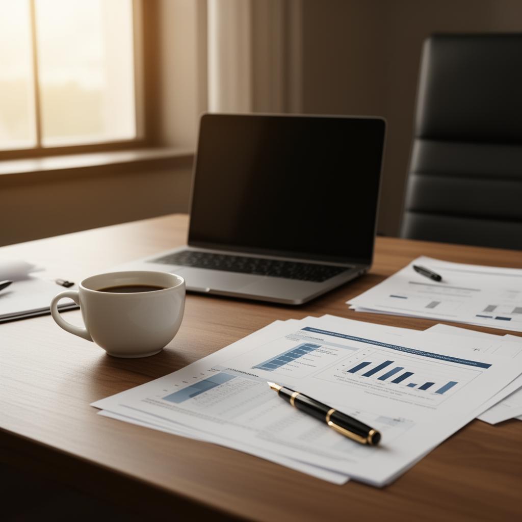 Professional services workspace with laptop and financial documents.