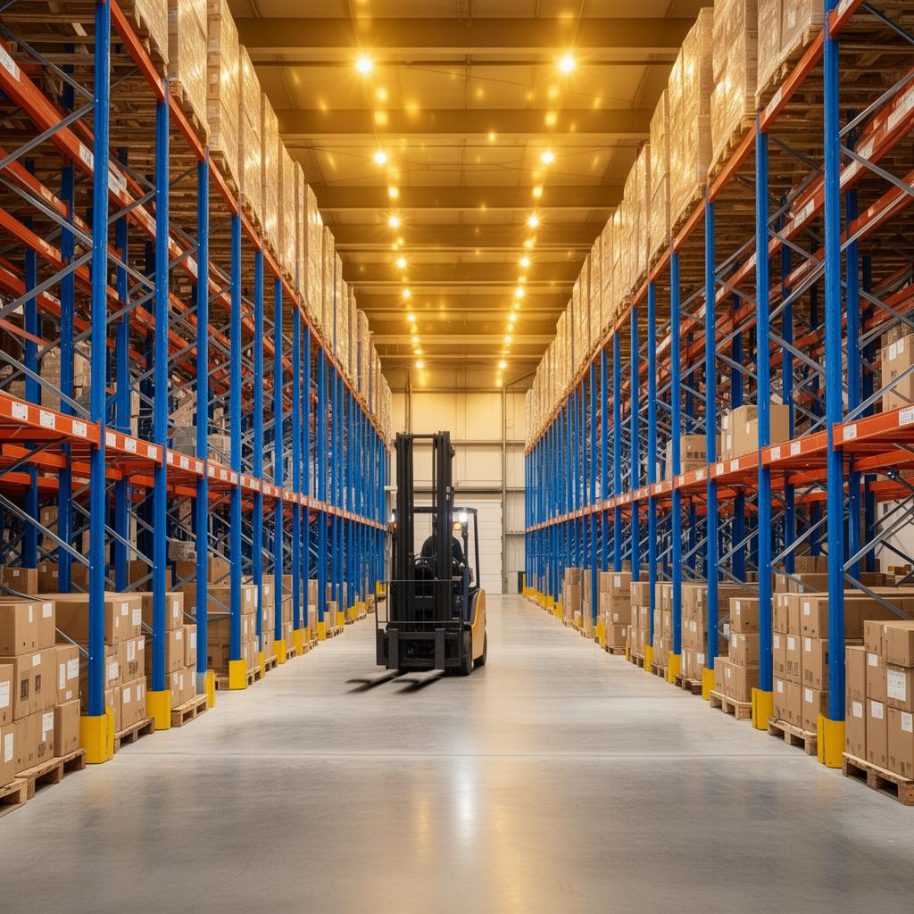 Fulfillment warehouse interior with forklift and pallet racks.