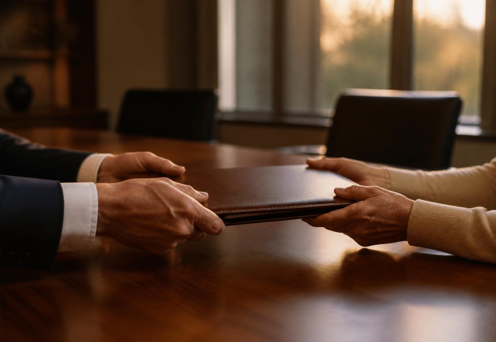 Hands passing a leather folder across a conference table